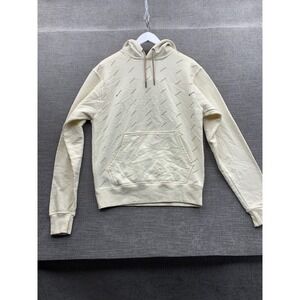 Champion Powerblend Hoodie Mens Small Cream Allover Print Ribbed Trim Athletic